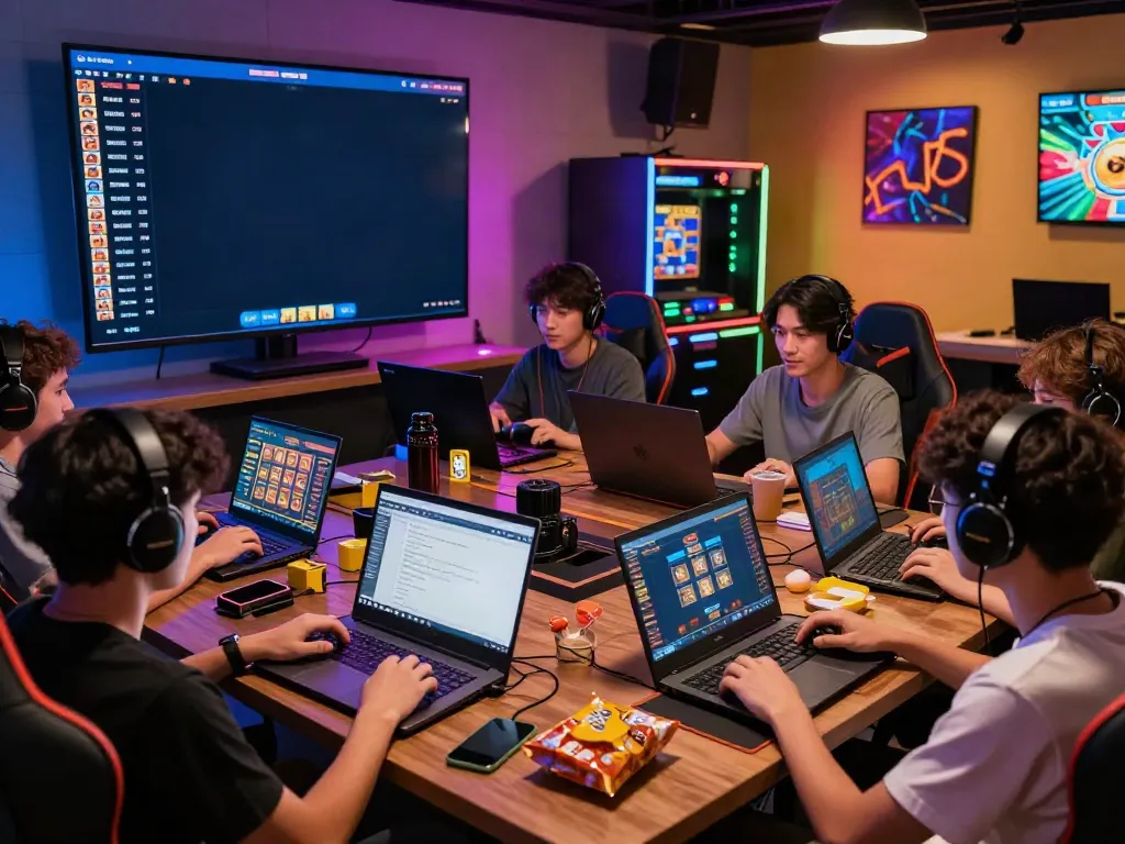 Diverse players immersed in a SLOT TOTO gaming session, showcasing excitement and vibrant online casino atmosphere.