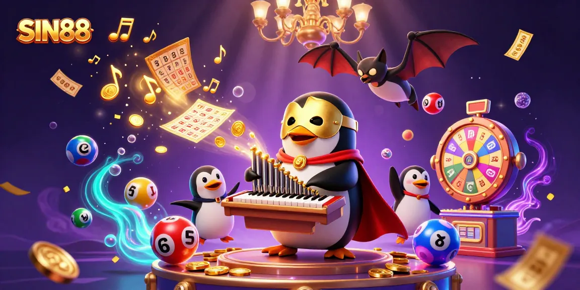 SIN88 showcases a lively casino scene featuring a penguin and acrobat amid colorful lottery elements.