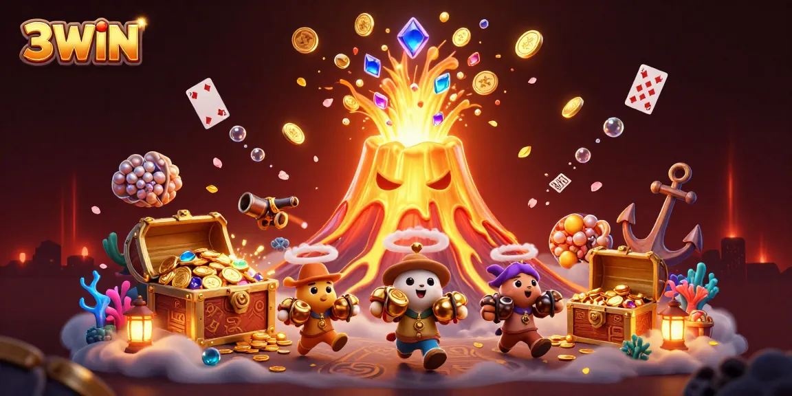 3WIN casino illustration featuring a triumphant golden volcano erupting coins, adventure awaits!