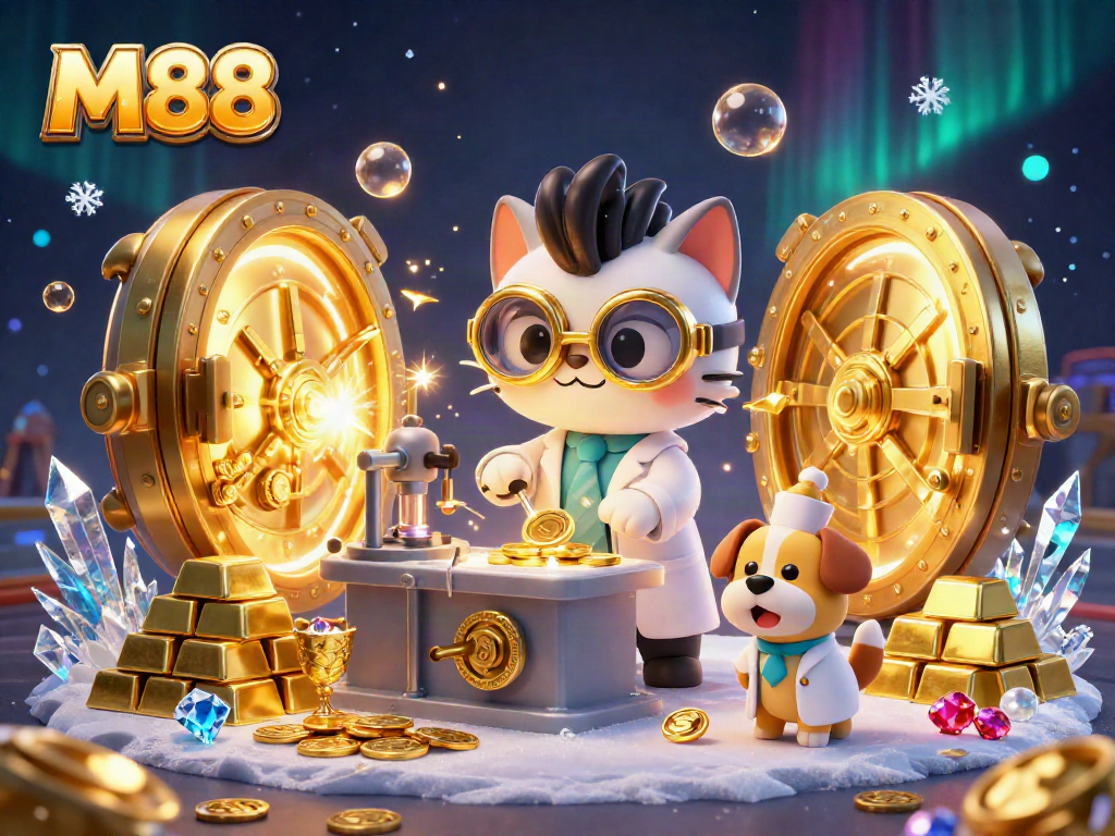 M88 brings fun to life in this vibrant 3D scene of a mad scientist cat and his dog assistant crafting riches.