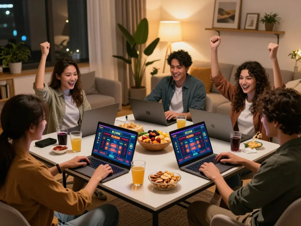 Kuwin players engage in thrilling online casino gaming with friends at home, celebrating wins.