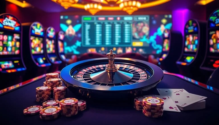 Experience the thrill of gambling at Bem88 with poker chips and a roulette wheel.