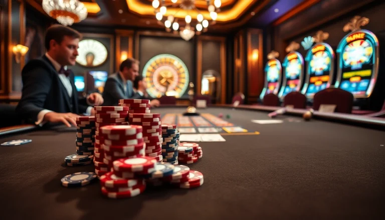B52 Poker table with players engaging intensely, showcasing chips and cards in a luxurious casino setting.