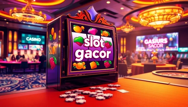 Experience the thrill of slot gacor with a vibrant casino scene featuring a glowing slot machine.