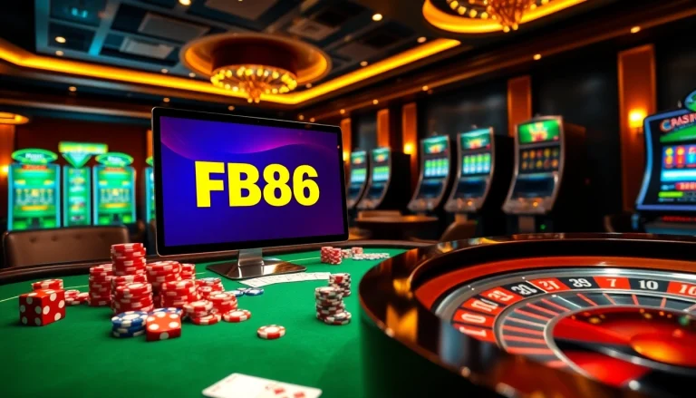 Gambling players enjoying FB68 games at an upscale casino with vibrant tables and slot machines.