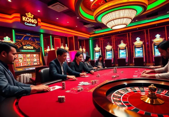 KONG88 players engaging in a thrilling poker game at a luxurious casino table.