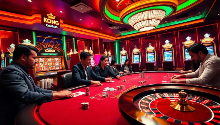 KONG88 players engaging in a thrilling poker game at a luxurious casino table.