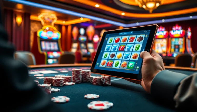 Play the idn slot game with excitement at a luxurious casino table filled with chips and cards.