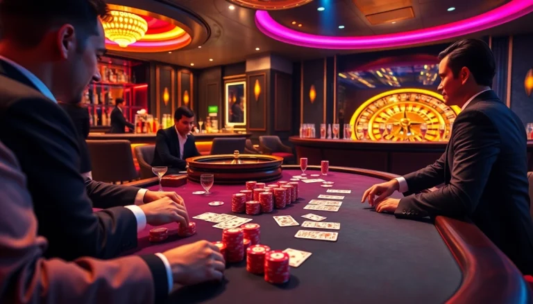 F8BET poker gameplay scene with vibrant chips, cards, and roulette illustrating excitement.