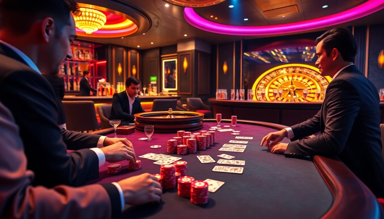 F8BET poker gameplay scene with vibrant chips, cards, and roulette illustrating excitement.