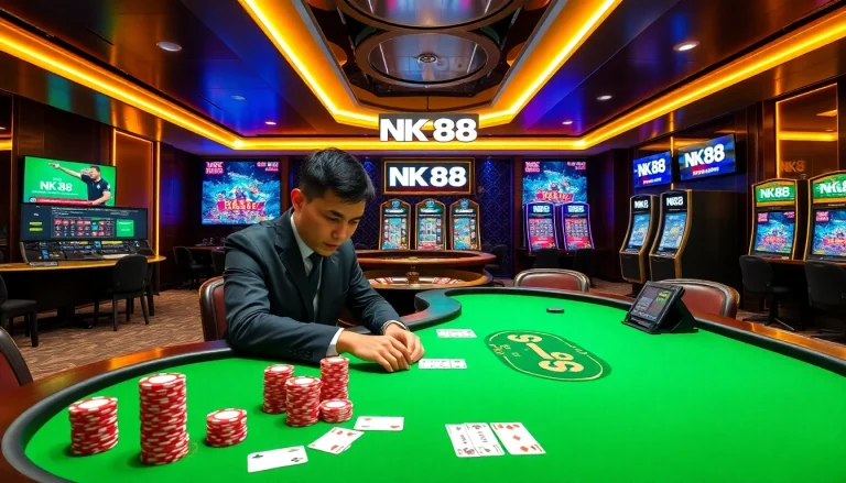 Confident player placing bets at NK 88 poker table with vibrant chips and live roulette wheel