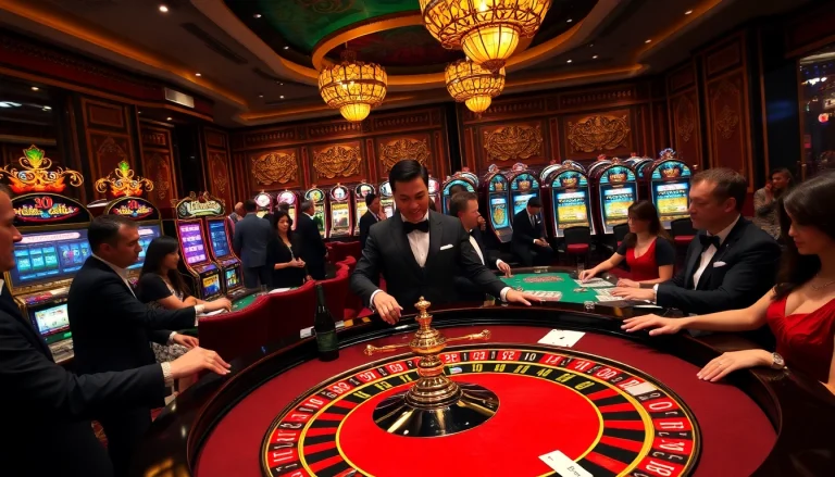Experience the thrill of i9bet with a vibrant casino scene showcasing roulette, slots, and lively gameplay.