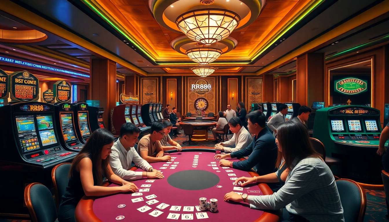 RR88 gaming experience with poker tables, slot machines, and vibrant casino atmosphere.