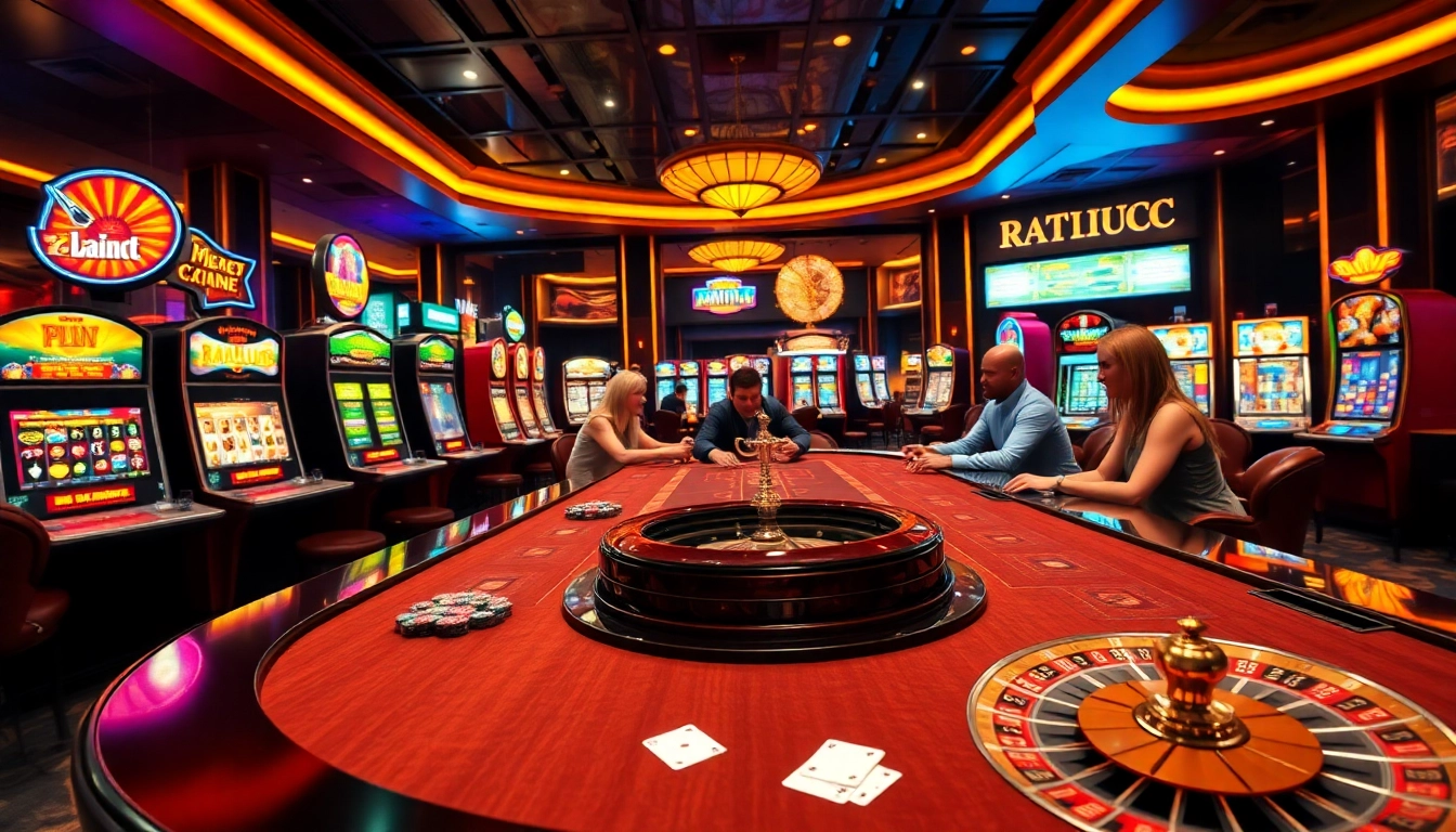 Engaging players at RAJALUCK casino table, showcasing vibrant gameplay and poker chips.