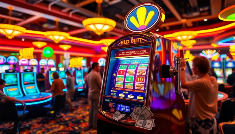 Link Alternatif SBOBET dengan pemain slot yang excited di kasino cerah.