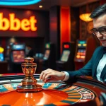 Experience the thrill of sbobet link alternatif with a luxurious online gambling scene featuring a roulette wheel and poker chips.