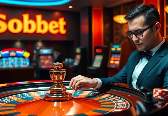 Experience the thrill of sbobet link alternatif with a luxurious online gambling scene featuring a roulette wheel and poker chips.