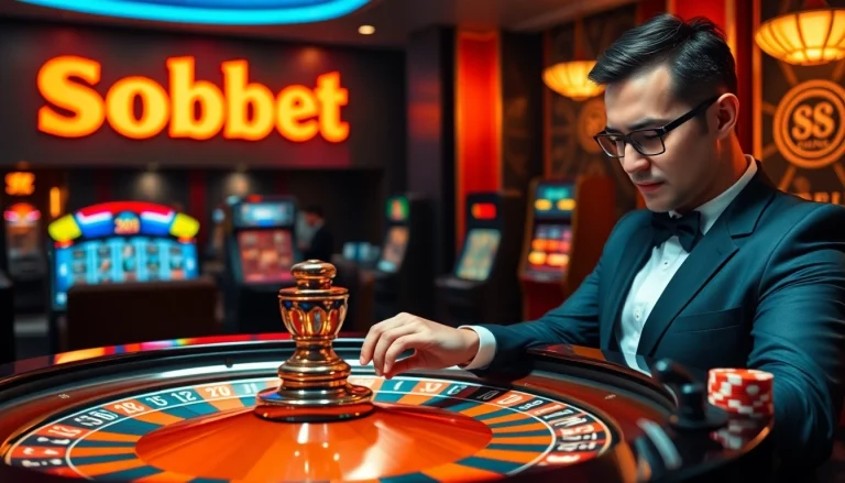 Experience the thrill of sbobet link alternatif with a luxurious online gambling scene featuring a roulette wheel and poker chips.