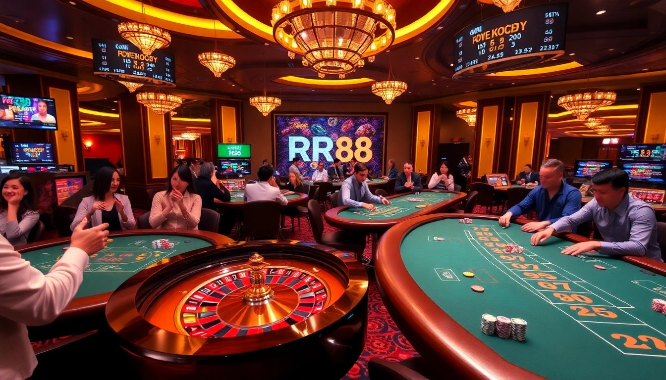Engaged players experiencing the thrill of RR88 casino betting with chips and roulette tables.