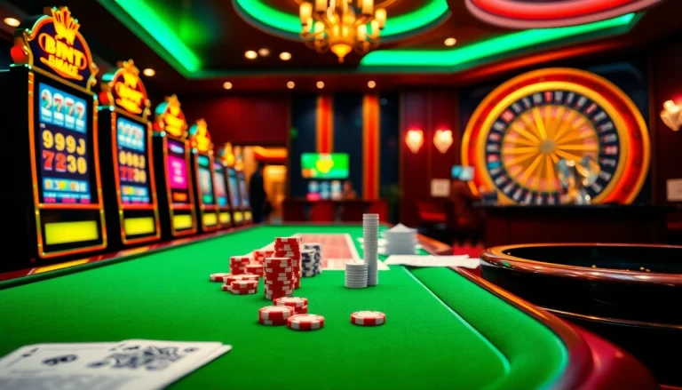 An exciting gambling scene showcasing the online interface of https://fb88.style/ with vibrant casino elements like cards and roulette wheels.