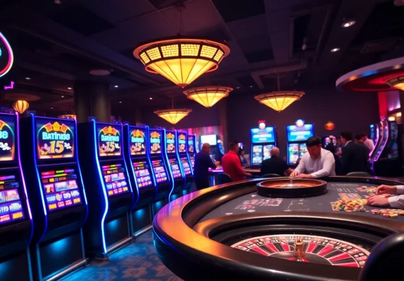 Experience the thrill of batman138 gaming with vibrant slot machines and engaged players in a luxurious casino.
