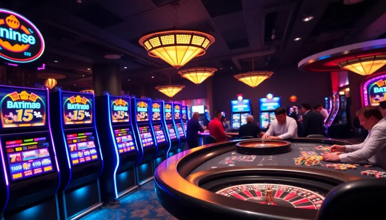 Experience the thrill of batman138 gaming with vibrant slot machines and engaged players in a luxurious casino.