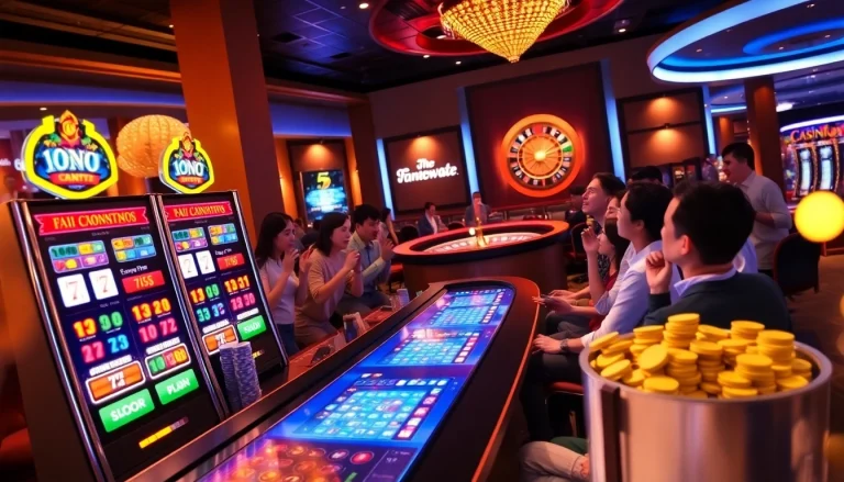 KTPJITU alternatif shows players enjoying high-stakes gaming with vibrant slot machines and roulette.