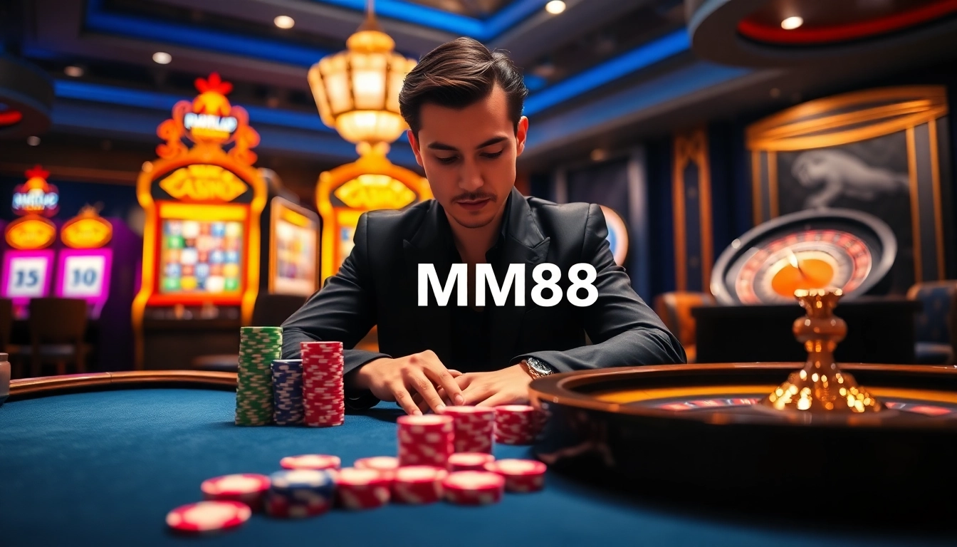 Player strategizing at MM88 poker table with vibrant chips and roulette in action
