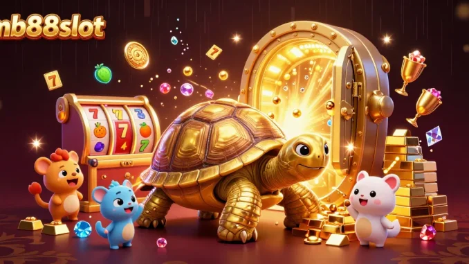 Spin the mb88slot giant golden tortoise with exciting slot game elements in a rich casino scene.