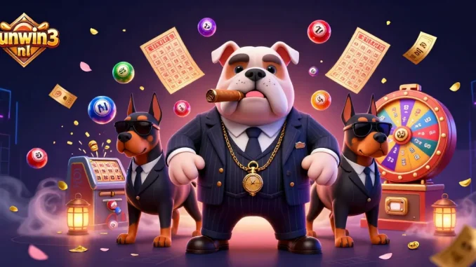 Engage with thrilling gaming action at sunwin3 nl with a vibrant 3D illustration of a mafia boss and lottery elements.