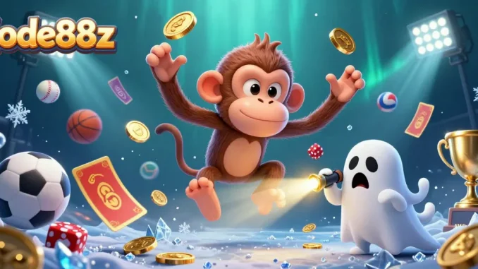 Engage with lode88z in an action-packed, colorful casino illustration featuring a playful monkey and ghost-hunter puppy.