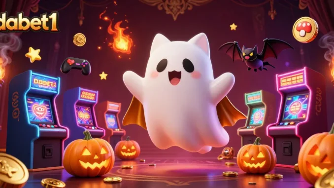 Engage in dabet1's haunted casino adventure with a ghost cat and vampire bat amidst glowing slot machines.