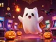 Engage in dabet1's haunted casino adventure with a ghost cat and vampire bat amidst glowing slot machines.