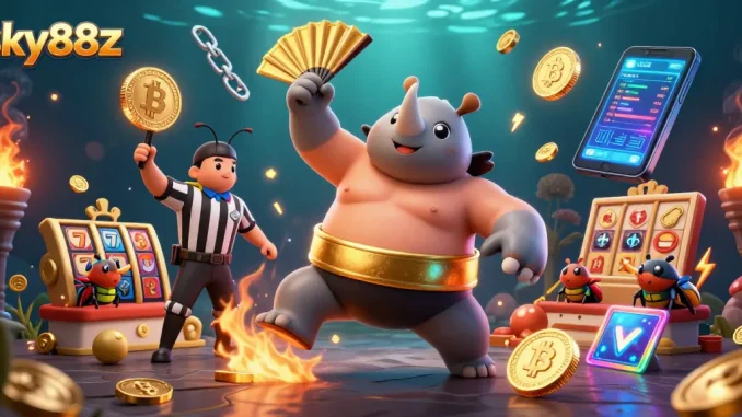 Engaging sky88z slot game scene with a sumo beetle champion, coins flying amid dynamic elements.