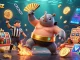 Engaging sky88z slot game scene with a sumo beetle champion, coins flying amid dynamic elements.