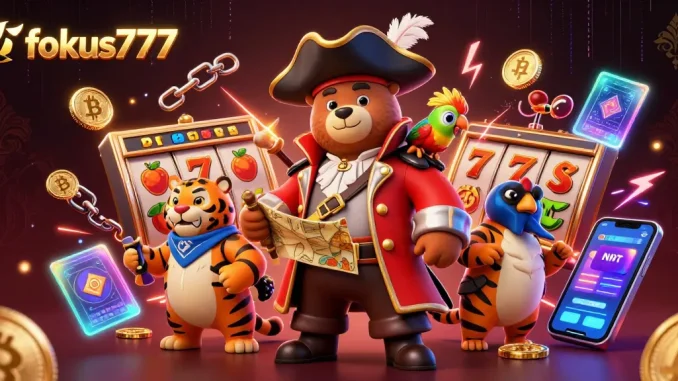 Engage with fokus777's dynamic gaming scene featuring animated characters and vibrant casino elements.