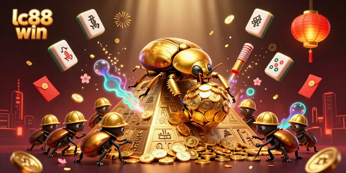 Experience the thrill of lc88 win as you engage in a vibrant 3D casino scene filled with golden symbols and joyous energy.