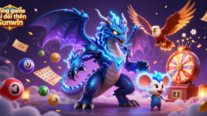 Cổng game bài đổi thưởng Sunwin showcases thrilling gaming with vibrant elements like colorful lottery balls and dynamic prize wheels.