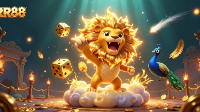 Experience thrilling games at RR88 with vibrant 3D visuals of a roaring lion and dynamic casino elements.