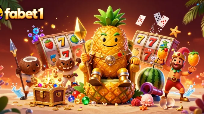 Experience fabet1 with the golden pineapple king amid vibrant casino elements in a tropical scene.