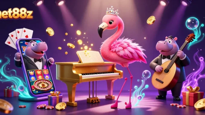 net88z captures the vibrant energy of a casino scene with flamingo singer, hippo bassist, and slot games.