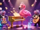 net88z captures the vibrant energy of a casino scene with flamingo singer, hippo bassist, and slot games.