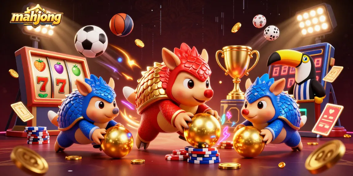 Bowling pangolins playing mahjong with golden scales and vibrant casino elements in a dynamic scene.