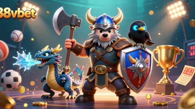 Engage with 88vbet's dynamic casino scene with Viking warrior, dragon, and sports elements.