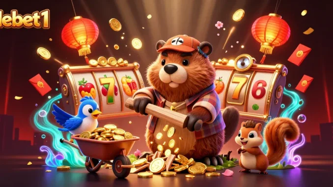 Engage with debet1's vibrant gaming scene featuring cartoon characters and slot game elements