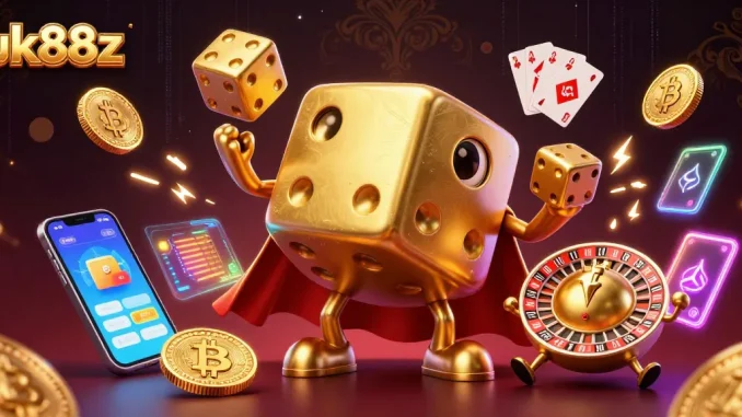 uk88z players enjoying exciting casino games with animated golden dice and cryptocurrencies.