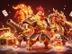 Win big at uu88 with a dynamic battle scene featuring a rooster warrior and dragon hatchling amidst treasure!