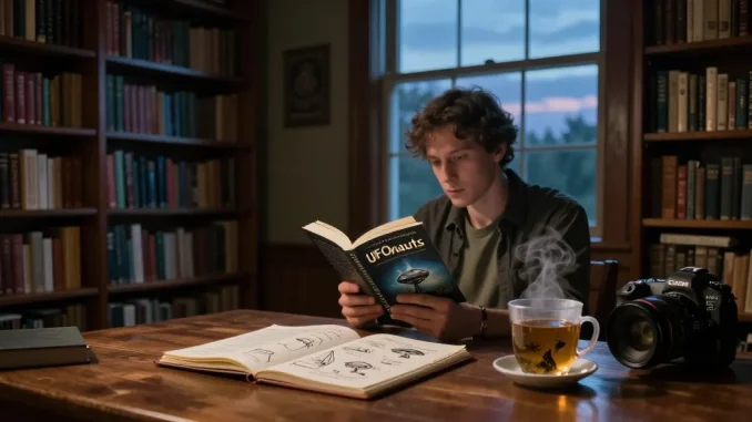 Discover insights about T Allen Greenfield and his book "UFOnauts" at https://tallengreenfield.com, set in a cozy library.