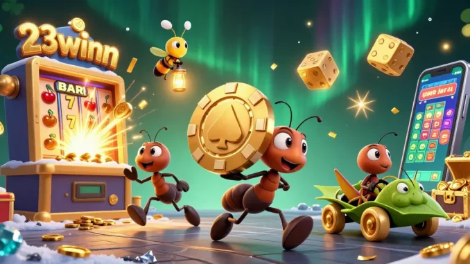 Experience the thrill of 23winn with ants in a heist for a giant poker chip amidst exciting casino elements.