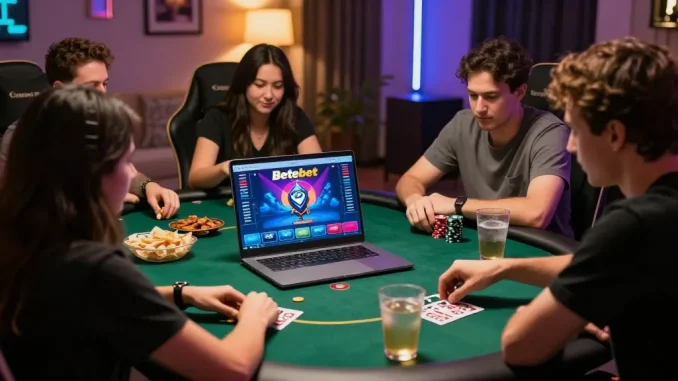 Betebet online gambling experience with players at a virtual poker table, showcasing excitement and interaction.